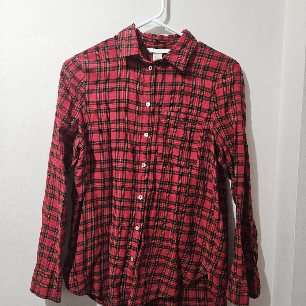 H&M Plaid Button Up Top Blouse Shirt Women Size 2 Red Collared Cotton Long